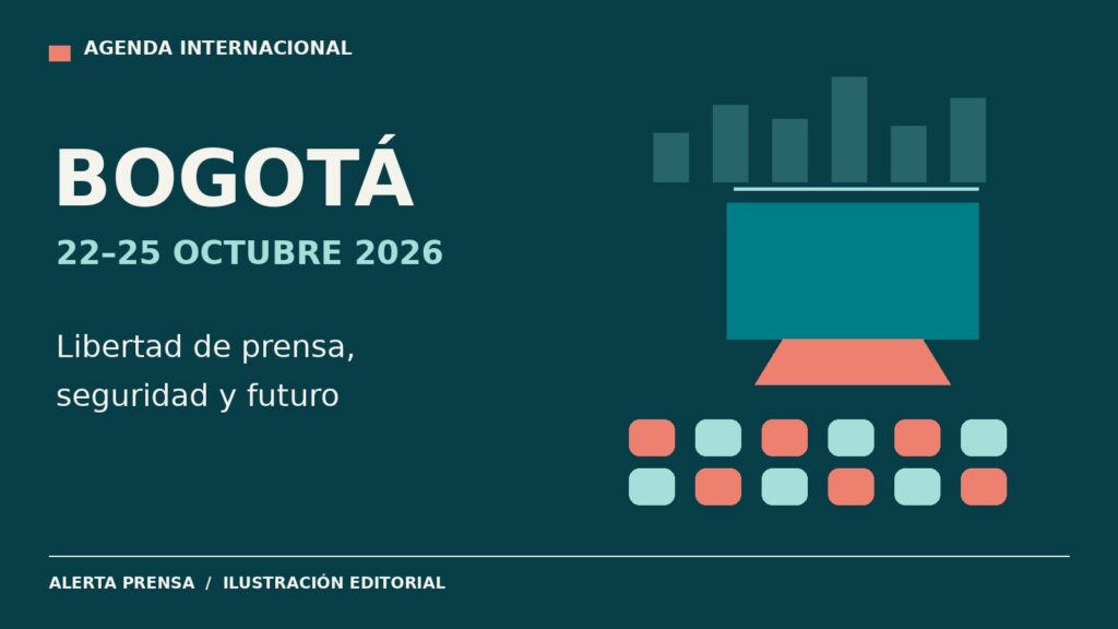 Ilustración editorial de un foro con atril y líneas de edificios, alusiva a la asamblea de la SIP en Bogotá; no es fotografía del evento.
