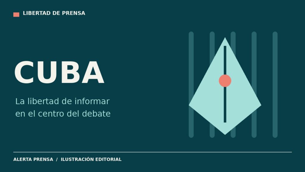 Ilustración editorial de una pluma entre líneas verticales, alusiva a la libertad de prensa en Cuba; no es una fotografía del caso.