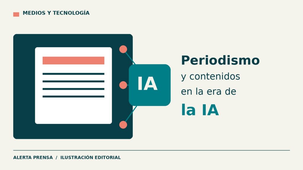 Ilustración editorial original con documentos y nodos digitales sobre periodismo e inteligencia artificial.